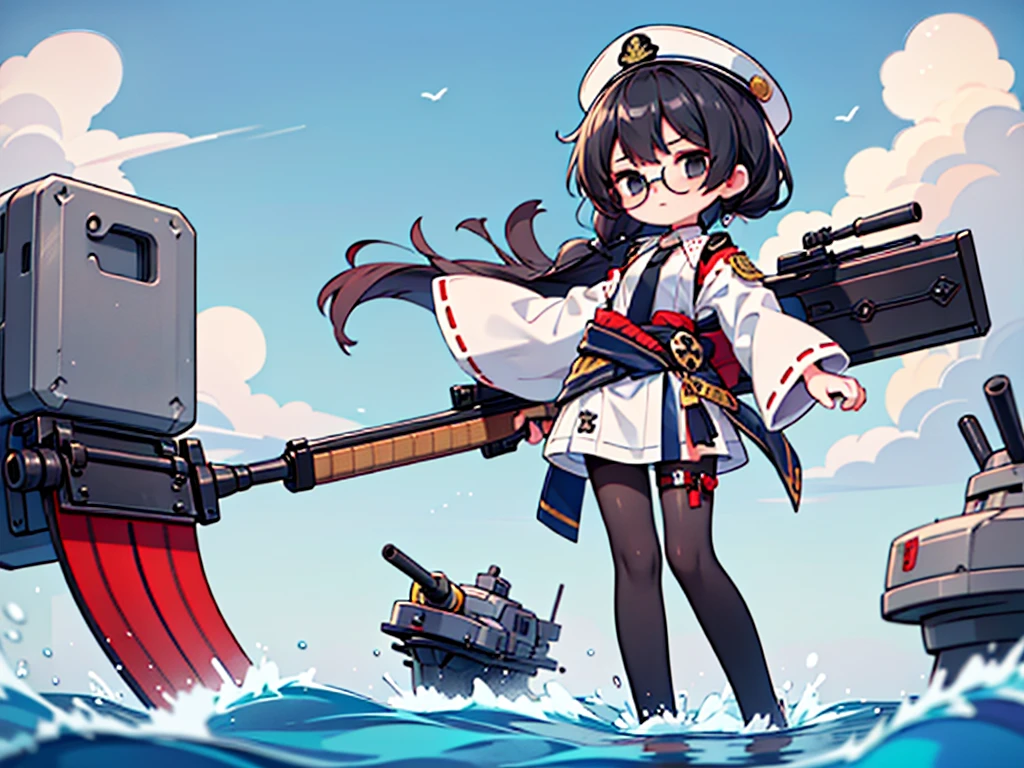 (((masterpiece, Vision))), ((((Full body of a woman with perfect flat chest、1 Female、solo、Short unkempt black hair、Tie your messy hair at the nape of your neck、white military jacket、Miko costume、black tights、Black glasses、White military cap、Cloudy black eyes、Confused eyes、Junyo-inspired emblem)))), (((Shipgirl))), ((Floating on the morning sea with both feet)), (Standing with your legs apart), (Hold the shotgun turret grip with your right hand), (Equipped with a large caliber turret with a mechanical arm extending from the waist), (Equipped with a turret on the back), (His left arm holds the grip of a triple machine gun), Shotgun shell in left arm, Bullet belt on thigh, Spreading the Machine's Wings, 2. Machine Tail, Naval base in the background,