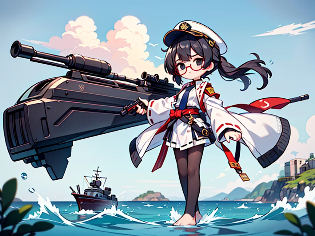 (((masterpiece, Vision))), ((((Full body of a woman with perfect flat chest、1 Female、solo、Short unkempt black hair、Tie your messy hair at the nape of your neck、white military jacket、Miko costume、black tights、Black glasses、White military cap、Cloudy black eyes、Confused eyes、Junyo-inspired emblem)))), (((Shipgirl))), ((Floating on the morning sea with both feet)), (Standing with your legs apart), (Hold the shotgun turret grip with your right hand), (Equipped with a large caliber turret with a mechanical arm extending from the waist), (Equipped with a turret on the back), (His left arm holds the grip of a triple machine gun), Shotgun shell in left arm, Bullet belt on thigh, Spreading the Machine&#39;s Wings, 2. Machine Tail, Naval base in the background, 