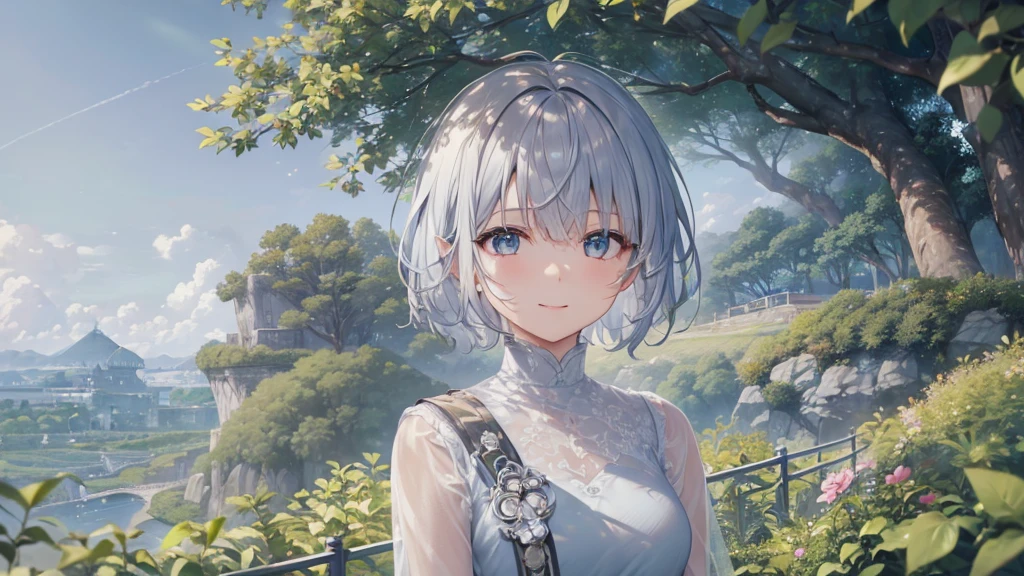 Ultra HD,Look at the viewers, Put your hands behind your back, With a girl, 20-year-old, 非常にShort Hair, Long bangs between the eyes, Pale blue eyes, Very detailed,(masterpiece、Highest quality),Gray Hair、Laughter、Fantastic, Silver Hair, Iris, Short hair、 Fluttering Hair、Small Face、明るいsmile、(Detailed face) ,Professional Lighting,Wonderful landscape,blue sky, sunlight,Looking down from above,Portraiture、Open your mouth、Flower Field、Her eyes were shining、Mysterious and enchanting atmosphere。With AI Painting、とてもShort Hair, Long bangs between the eyes, Very detailed,(masterpiece、Highest quality)、alone、Gray Hair、Fantasy, Silver Hair, Fantasyな風景、White shirt、smile、Open your mouth、short hair、Short Hair、hairpin、black eye、Grey Eyes、Beautiful Eyes、