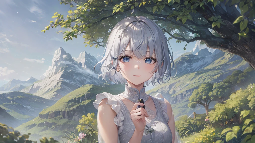 Ultra HD,Look at the viewers, Put your hands behind your back, With a girl, 20-year-old, 非常にShort Hair, Long bangs between the eyes, Pale blue eyes, Very detailed,(masterpiece、Highest quality),Gray Hair、Laughter、Fantastic, Silver Hair, Iris, Short hair、 Fluttering Hair、Small Face、明るいsmile、(Detailed face) ,Professional Lighting,Wonderful landscape,blue sky, sunlight,Looking down from above,Portraiture、Open your mouth、Flower Field、Her eyes were shining、Mysterious and enchanting atmosphere。With AI Painting、とてもShort Hair, Long bangs between the eyes, Very detailed,(masterpiece、Highest quality)、alone、Gray Hair、Fantasy, Silver Hair, Fantasyな風景、White shirt、smile、Open your mouth、short hair、Short Hair、hairpin、black eye、Grey Eyes、Beautiful Eyes、