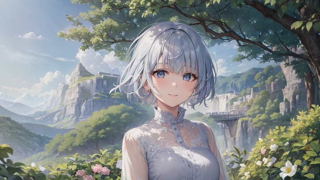 Ultra HD,Look at the viewers, Put your hands behind your back, With a girl, 20-year-old, 非常にShort Hair, Long bangs between the eyes, Pale blue eyes,  Very detailed,(masterpiece、Highest quality),Gray Hair、Laughter、Fantastic, Silver Hair, Iris,  Short hair、 Fluttering Hair、Small Face、明るいsmile、(Detailed face) ,Professional Lighting,Wonderful landscape,blue sky, sunlight,Looking down from above,Portraiture、Open your mouth、Flower Field、Her eyes were shining、Mysterious and enchanting atmosphere。With AI Painting、とてもShort Hair, Long bangs between the eyes, Very detailed,(masterpiece、Highest quality)、alone、Gray Hair、Fantasy, Silver Hair, Fantasyな風景、White shirt、smile、Open your mouth、short hair、Short Hair、hairpin、black eye、Grey Eyes、Beautiful Eyes、