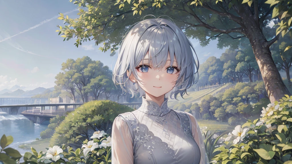Ultra HD,Look at the viewers, Put your hands behind your back, With a girl, 20-year-old, 非常にShort Hair, Long bangs between the eyes, Pale blue eyes, Very detailed,(masterpiece、Highest quality),Gray Hair、Laughter、Fantastic, Silver Hair, Iris, Short hair、 Fluttering Hair、Small Face、明るいsmile、(Detailed face) ,Professional Lighting,Wonderful landscape,blue sky, sunlight,Looking down from above,Portraiture、Open your mouth、Flower Field、Her eyes were shining、Mysterious and enchanting atmosphere。With AI Painting、とてもShort Hair, Long bangs between the eyes, Very detailed,(masterpiece、Highest quality)、alone、Gray Hair、Fantasy, Silver Hair, Fantasyな風景、White shirt、smile、Open your mouth、short hair、Short Hair、hairpin、black eye、Grey Eyes、Beautiful Eyes、