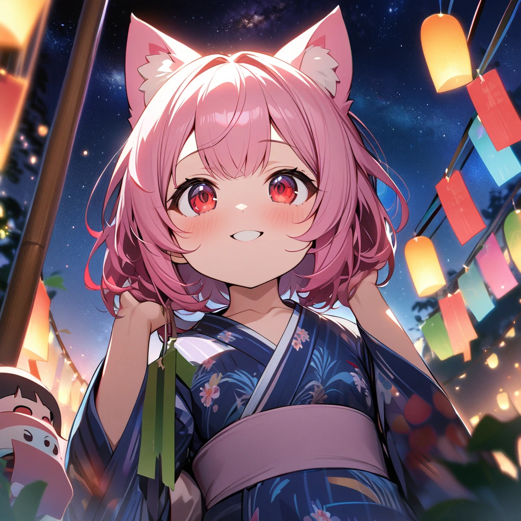 Top quality, masterpiece, chibi character, pink hair, animal ear girl, red eyes, best smile, looking up at the sky, yukata, Milky Way, night view, Tanabata Festival, large tall bamboos and colorful hanging decoration,gold light particles effect