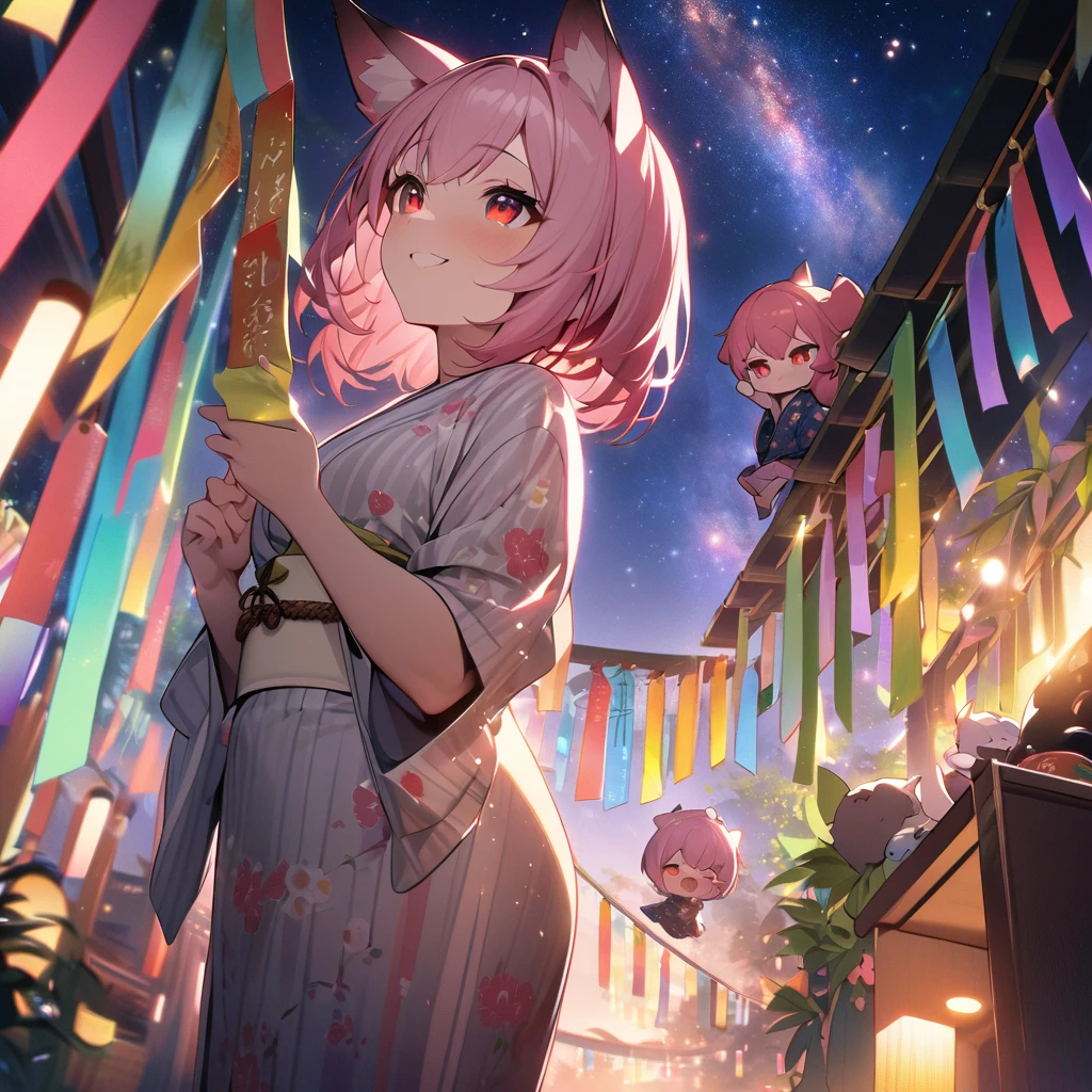 Top quality, masterpiece, chibi character, pink hair, animal ear girl, red eyes, best smile, looking up at the sky, yukata, Milky Way, night view, Tanabata Festival, large tall bamboos and colorful hanging decoration,gold light particles effect
