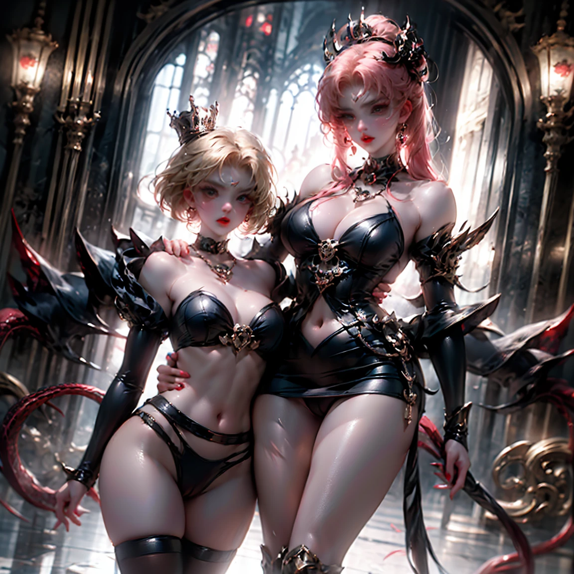 Ultra-clear,Super Resolution,Cute girl,Two girls close contact, 2 girls hugging,Two complete female bodies, Complete two female bodies, Female Love,Sexy, Off-shoulder, window, The rear window is backlit, (Rim Light), Deep understanding, lust, Very shy, ( Reflector lamp), Long legs and chest), Slim waist, Perfect body, Perfect hands, blond hair, purity, Jewelry, necklace, Earrings and Nipple Rings, crown, bookshelf, teapot, Magic Items,Mirror,snake,Tentacles,Cthulhu,occultism,Low-light photography, Hip chuck, Glowing skin, Almost no clothes, Wear only semi-transparent clothing,Almost naked,Lopez, Pretty face, Sexual arousal, Sexual Expression, Hazy Beauty, Camel toe, Anatomically correct, 全身Female Love, Slender legs and waist,Big breasts and thin waist: 2,Sharp focus,The bones are straight,Correct body anatomy,Perfect anatomy,Bigger breasts,Big breasts are beautiful,Big Breasts,Especially huge,Sexy bulge,Thin legs,Thin ankles,Dramatic lighting,Vibrant details,Red Eyeshadow,make up,Full lips,Red lips, Super short hair: 2,chiffon,Tight waistband,chiffon手套,see through:2.0,blush,淡粉色Camel toe,Sex slave,Lewd,bursting massive breasts, Sex addict,flush,Less clothing area