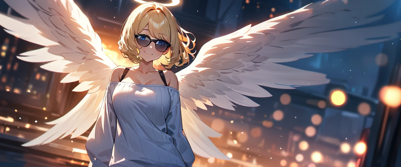 ((angel, big big white wings:1.3, halo:1.3)), ((from below)), (((sunglasses, hand to sunglasses))), (((cowboy shot))), archangel Uriel, ((wavy hair, inward curled hair)), evening, Sunset, ((blond hair, bob cut:1.3)), big breasts, ager, (looking at viewer), oversized clothes, puffy long sleeves, cleavage, ((off-shoulder sweater:1.3, Quite thick shoulder straps)), ((white sweater)), collarbone, head tilt:1.3, (((blue eyes))), ((happy smile)), (((anime style))), (best quality, 4K, 8K, highres, masterpiece:1.2, ultra-detailed, ultra-detailed eyes, HDR, uhd, studio lighting, ultra-fine painting, sharp focus, physically-based rendering, extreme detail description, professional, vivid colors, bokeh)