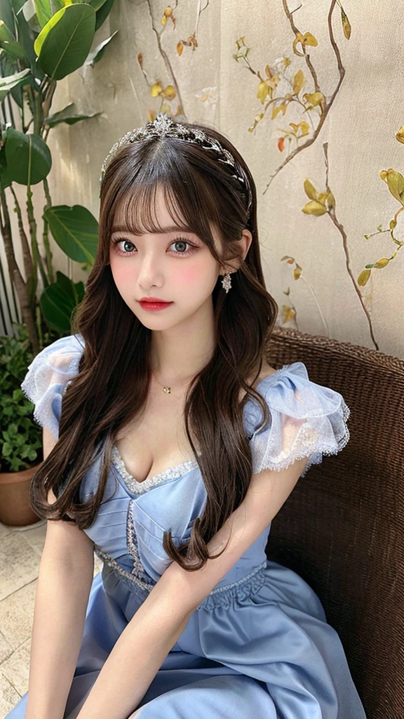 western luxury dress、sitting pose、long skirt、Princess、strong light on hair、blue dress、zoom out、high resolution、thin waist、high tone hair color、korean idol、realistic eyes、beautiful eyelashes、High resolutionの顔、20 years old、best quality, illustration, Super detailed, fine details, High resolution, 8K Dende Wallpaper, beautiful detailed eyes, random cute hairstyles, C cup breasts, natural color lip