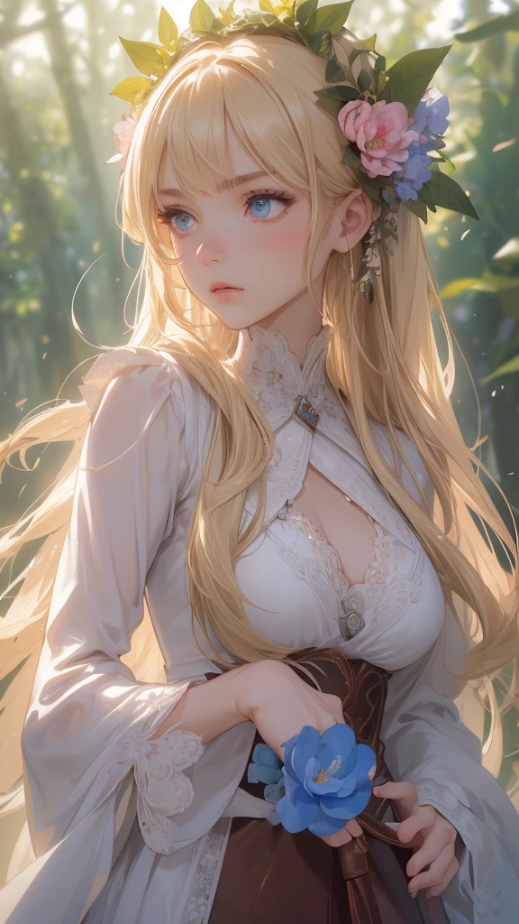 (anger expression), ( frown ) work of art, ultra creative, epic details, ultra detaild, best resolution, Woman, archer, blonde, (Beautiful nymph), ( robust wreath of leaves and pink and blue flowers), sculptural body, (brown clothes made of leather), ((perfect hands))), scenario:Enchanted Forest), no mistakes, (((epic details na face))), (((ultra perfect eyes)))
