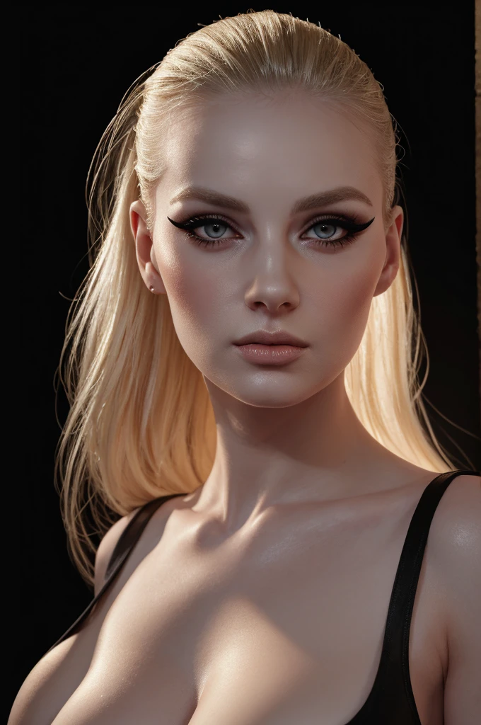 woman pretty, blonde, slicked back bun hair, blonde hair , big breast,  sexy, pale skin , wearing italian dress, eyeliner ,white skin,foxy eyeliner , makeup ,pale woman painting, beautiful light deep focus, elegant, digital painting, smooth, dramatic lighting , 8k, art , black background,black background, black wallpaper