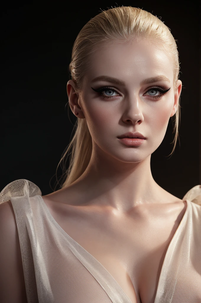 woman pretty, blonde, slicked back bun hair, blonde hair , big breast, sexy, pale skin , wearing italian dress, eyeliner ,white skin,foxy eyeliner , makeup ,pale woman painting, beautiful light deep focus, elegant, digital painting, smooth, dramatic lighting , 8k, art , black background,black background, black wallpaper