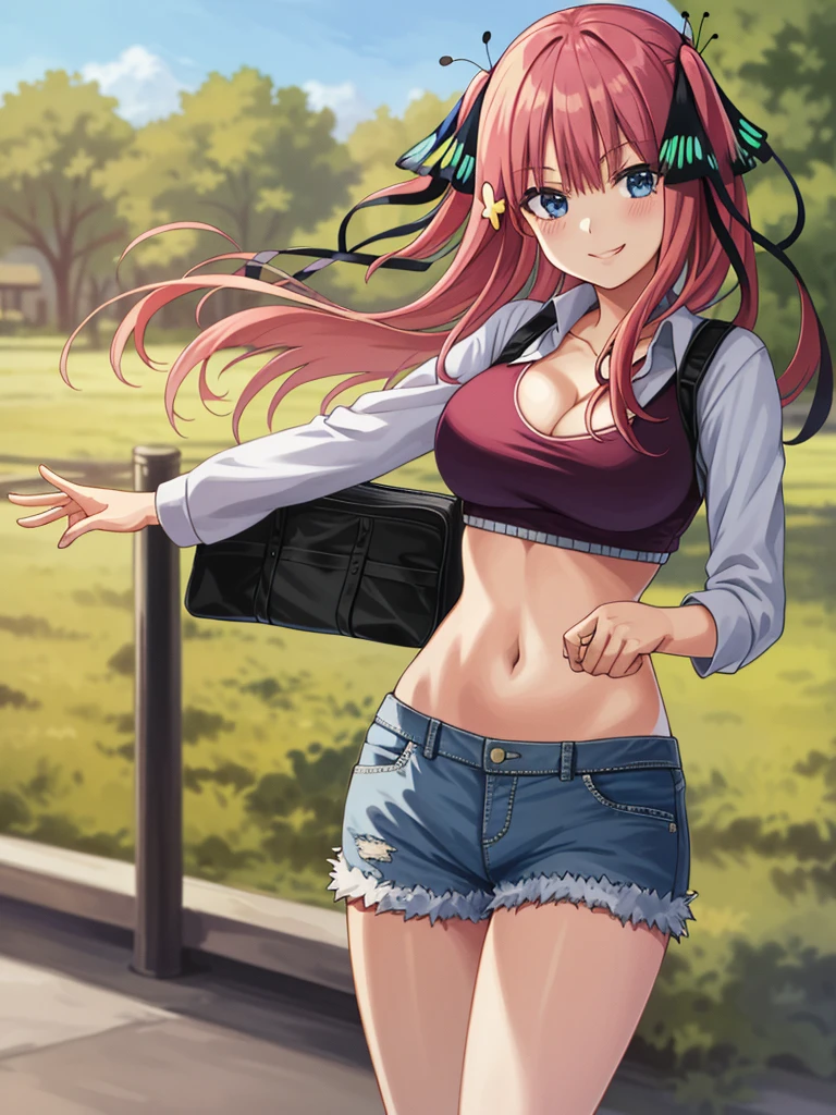 2d, masterpiece, best quality, anime, highly detailed, 1girl, solo, cowboy shot, nakano nino, pink hair, butterfly hair ornament, crop top , cleavage, Denim shorts , large breasts, standing, school, outdoors, smile