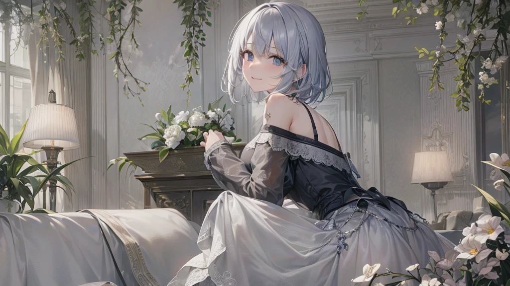 Ultra HD,Look at the viewers, Put your hands behind your back, With a girl, 20-year-old, 非常にShort Hair, Long bangs between the eyes, Pale blue eyes, Very detailed,(masterpiece、Highest quality),Gray Hair、Laughter、Fantastic, Silver Hair, Iris, Short hair、 Fluttering Hair、Small Face、明るいsmile、(Detailed face) ,Professional Lighting,Wonderful landscape,blue sky, sunlight,Looking down from above,Portraiture、Open your mouth、Flower Field、Her eyes were shining、Mysterious and enchanting atmosphere。With AI Painting、とてもShort Hair, Long bangs between the eyes, Very detailed,(masterpiece、Highest quality)、alone、Gray Hair、Fantasy, Silver Hair, Fantasyな風景、White shirt、smile、Open your mouth、short hair、Short Hair、hairpin、black eye、Grey Eyes、Beautiful Eyes、