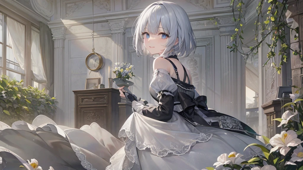 Ultra HD,Look at the viewers, Put your hands behind your back, With a girl, 20-year-old, 非常にShort Hair, Long bangs between the eyes, Pale blue eyes,  Very detailed,(masterpiece、Highest quality),Gray Hair、Laughter、Fantastic, Silver Hair, Iris,  Short hair、 Fluttering Hair、Small Face、明るいsmile、(Detailed face) ,Professional Lighting,Wonderful landscape,blue sky, sunlight,Looking down from above,Portraiture、Open your mouth、Flower Field、Her eyes were shining、Mysterious and enchanting atmosphere。With AI Painting、とてもShort Hair, Long bangs between the eyes, Very detailed,(masterpiece、Highest quality)、alone、Gray Hair、Fantasy, Silver Hair, Fantasyな風景、White shirt、smile、Open your mouth、short hair、Short Hair、hairpin、black eye、Grey Eyes、Beautiful Eyes、