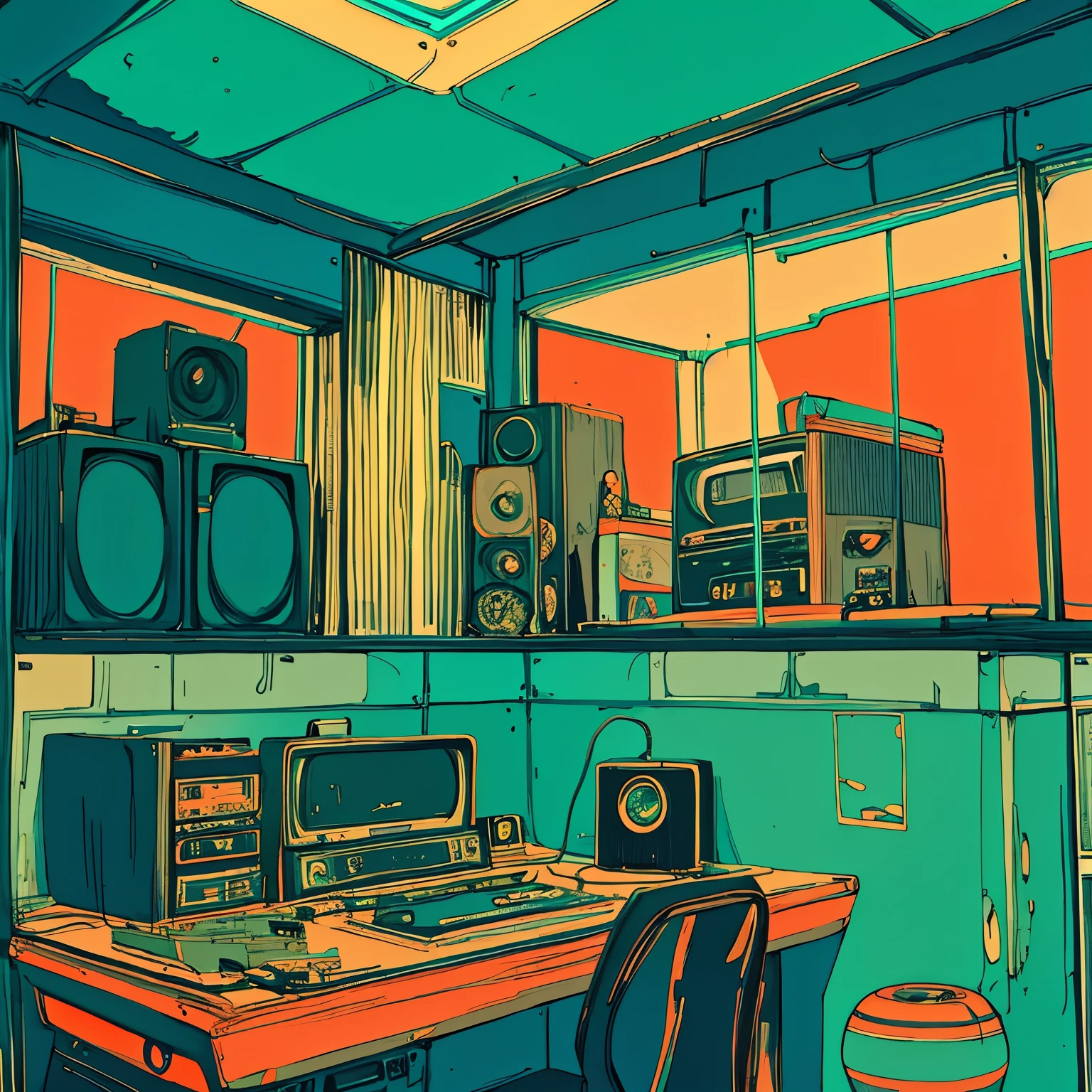 A retro-futuristic home studio with sleek lines and ambient neon lighting, Lofi Grandpa at a cluttered desk filled with vintage music equipment and futuristic gadgets, listening to vinyl records while surrounded by holographic displays and old photographs, hues of soft teal and glowing neon orange, intricate details like floating data screens, vintage posters, and potted plants, lofi hip hop style, creative and tranquil, deeply nostalgic and slightly futuristic vibes
