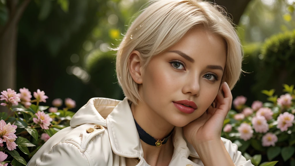 (A blonde girl,white hair,short bob hairstyle,wearing glasses,big breasts,red lipstick:1.1,black trench coat,choker,stockings),oil painting,portrait,detailed eyes and face,vivid colors,studio lighting,straight hair,focused expression,subtle smile,relaxed posture,faint pink blush,soft and smooth skin,sharp focus,professional,subtle shadows,long eyelashes,sitting in a garden surrounded by blooming flowers and greenery,faint sunlight filtering through the trees,serene and peaceful atmosphere,pastel color palette,dimly lit background to highlight the girl,masterpiece:1.2.