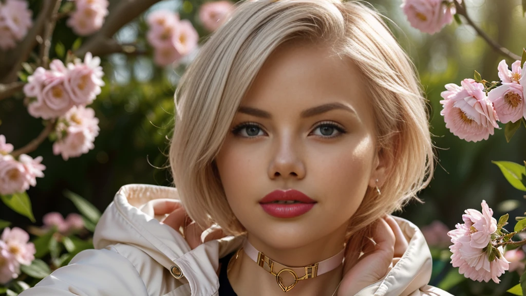 (A blonde girl,white hair,short bob hairstyle,wearing glasses,big breasts,red lipstick:1.1,black trench coat,choker,stockings),oil painting,portrait,detailed eyes and face,vivid colors,studio lighting,straight hair,focused expression,subtle smile,relaxed posture,faint pink blush,soft and smooth skin,sharp focus,professional,subtle shadows,long eyelashes,sitting in a garden surrounded by blooming flowers and greenery,faint sunlight filtering through the trees,serene and peaceful atmosphere,pastel color palette,dimly lit background to highlight the girl,masterpiece:1.2.