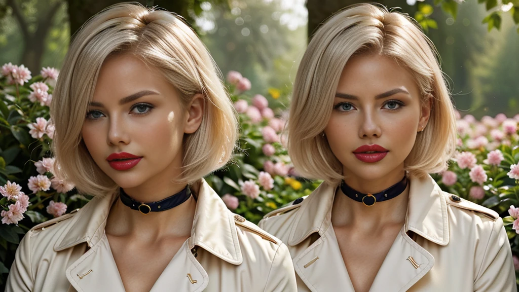 (A blonde girl,white hair,short bob hairstyle,wearing glasses,big breasts,red lipstick:1.1,black trench coat,choker,stockings),oil painting,portrait,detailed eyes and face,vivid colors,studio lighting,straight hair,focused expression,subtle smile,relaxed posture,faint pink blush,soft and smooth skin,sharp focus,professional,subtle shadows,long eyelashes,sitting in a garden surrounded by blooming flowers and greenery,faint sunlight filtering through the trees,serene and peaceful atmosphere,pastel color palette,dimly lit background to highlight the girl,masterpiece:1.2.