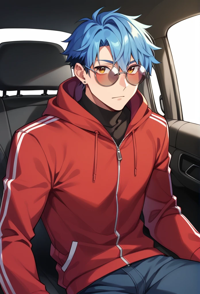 Round sunglasses　Black long coat　Blue hair sitting in a car　male　Put on the hood