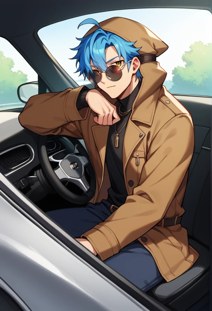 Round sunglasses　Black long coat　Blue hair sitting in a car　male　Put on the hood