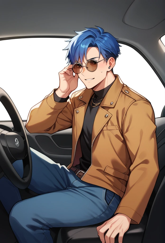 Round sunglasses　Black long coat　Blue hair sitting in a car　male　Put on the hood