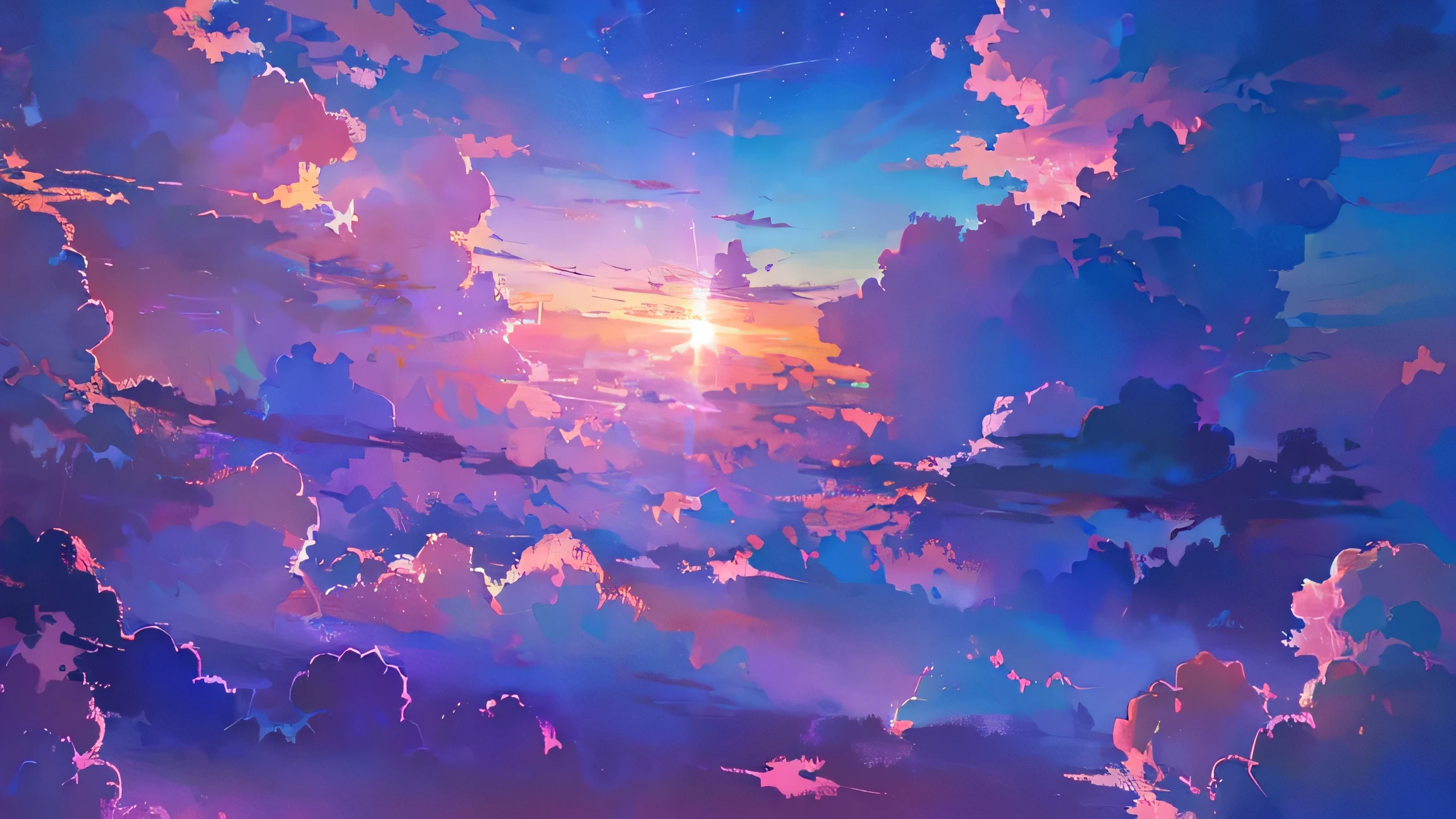 In the beautiful sunset, atmospheric Fantasy sky, Fantasy puffy sky, fluffy pink anime cloud, Detailed dreamscape, Dreamy sky, cloud. Fantasy, anime cloud, dreamy cloud, Background artwork, Beautiful purple sky, Anime Sky, Highly detailed digital art in 4K, Colorful sky