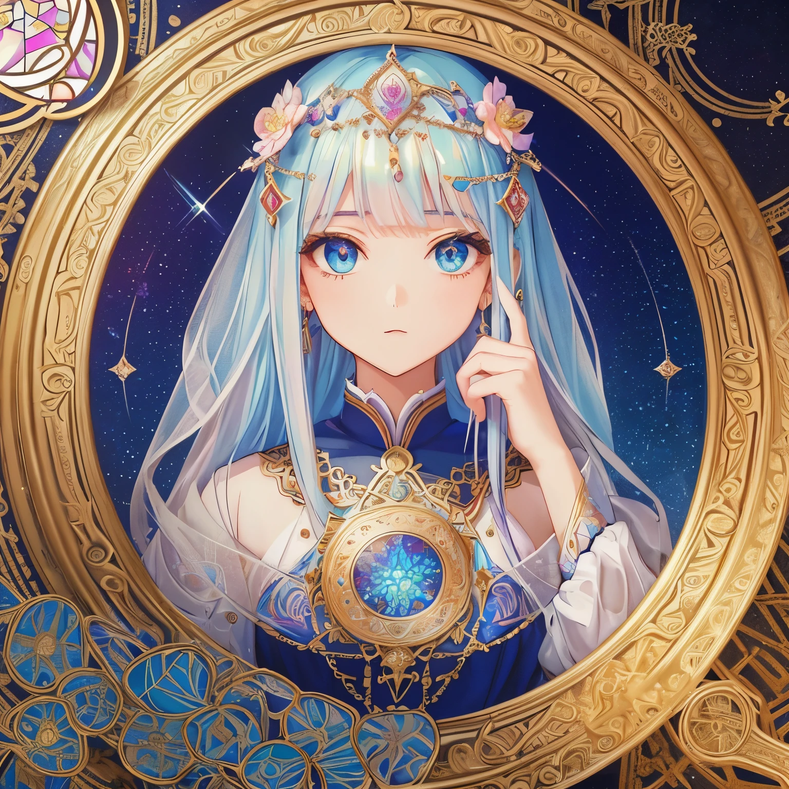 1 girl, (masterpiece, highest quality, highest quality, beautiful and aesthetic: 1.2), (1 girl: 1.3), (fractal art: 1.3), jewelry, delicate clothing, round picture frame, face, sharp pupils, Arabic style, gorgeous hair ornament, iridescent hair, cool face, Transparent and beautiful stained glass background
