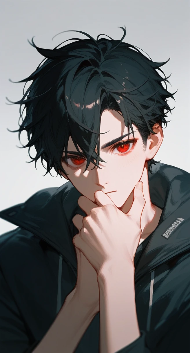 a boy, with black hair, red eyes, an fear in his eyes, with a background scribbled by hand