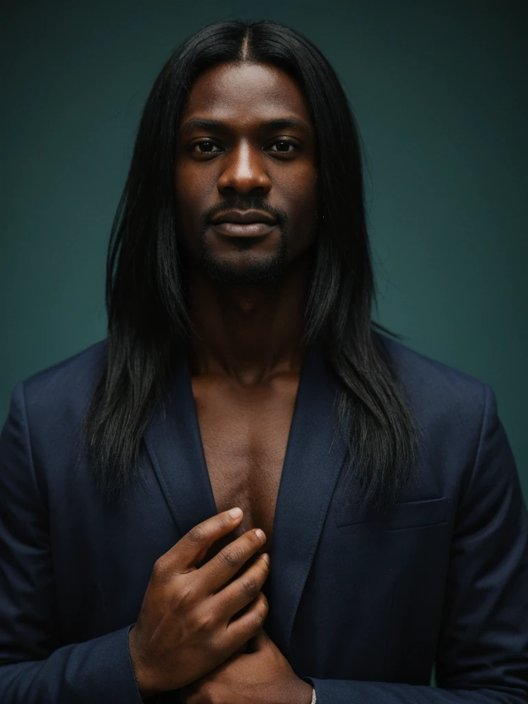 dark-skinned man, long dark blue hair, doctor's coat, strong, green eyes