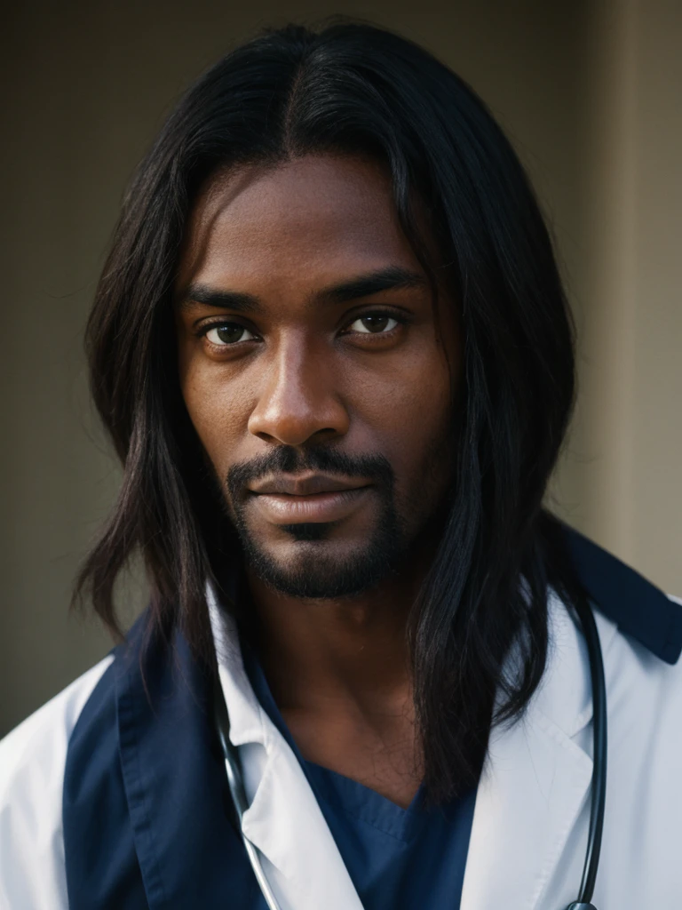 dark-skinned man, long dark blue hair, doctor's coat, strong, green eyes