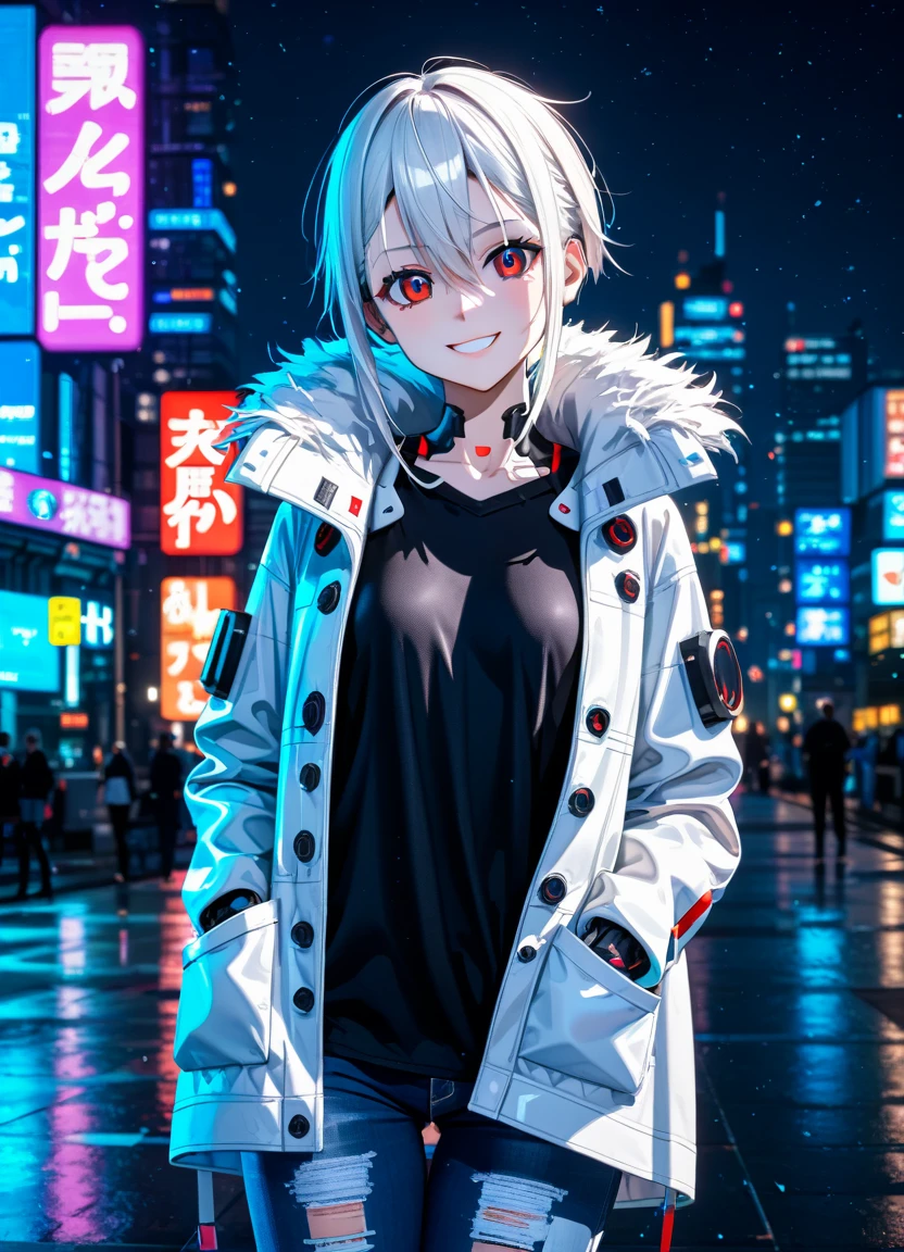 1girl, 15 years old, slim, small breasts, white hair, hairs between eyes, shoulder length hair, pale skin, bright red eye:1.3, white duffle coat and long-sleeve black sweater, open jacket, jeans, gold pocket watches hanging from the neck, BREAK kawaii, smile, cowboy shot, pose, (cyberpunk night city:1.3), neon light, (light particle:1.3), BREAK smooth skin, cinematic lighting, volumetric shadow, BREAK 3D CG illustration, score_9, score_8_up, score_7_up, (masterpiece:1.2), (best quality:1.2), (very aesthetic:1.2), (absurdres:1.2), (detailed background), newest, (intricate:1.2), ai-generated, BREAK