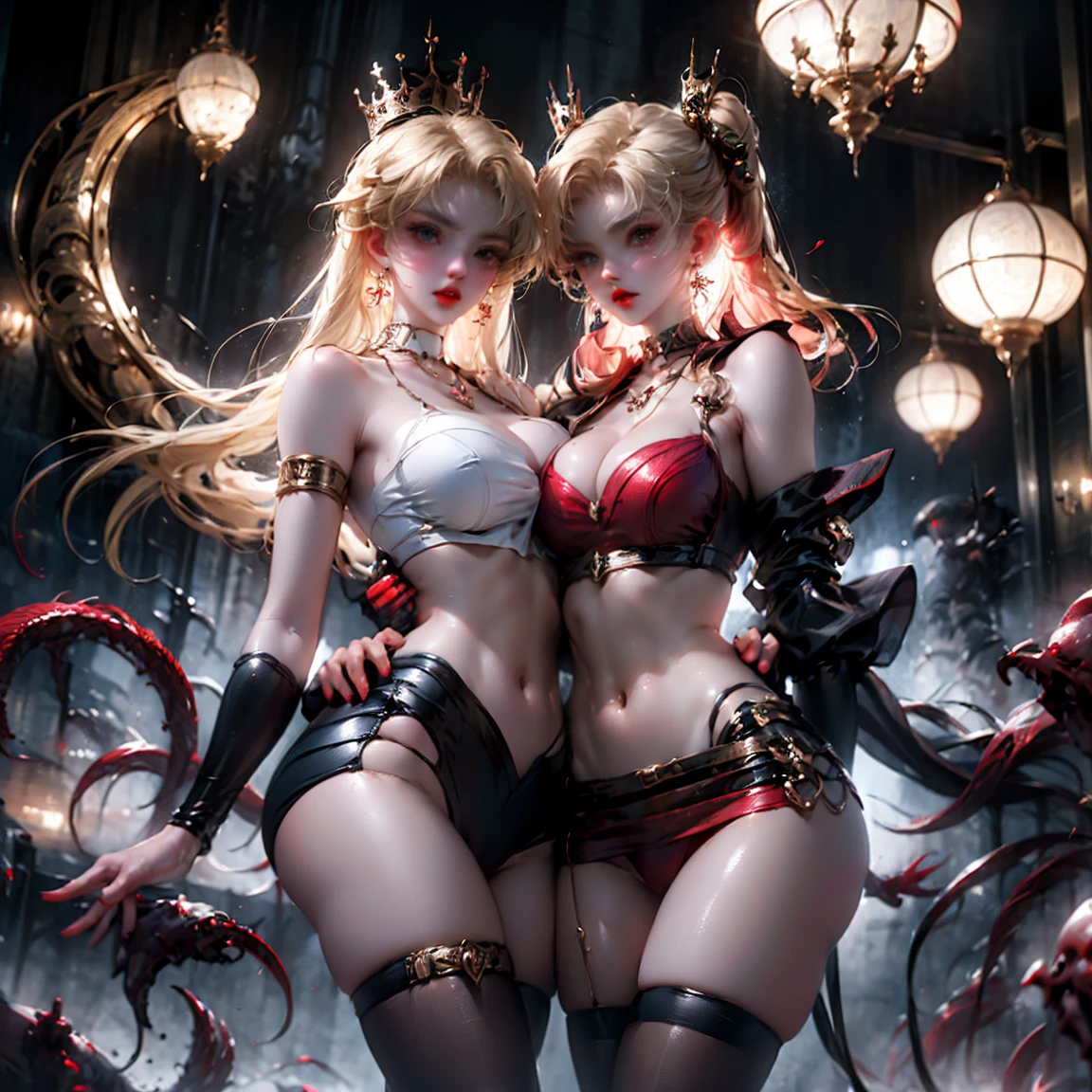 Ultra-clear,Super Resolution,Cute girl,Two girls close contact, 2 girls hugging,Two complete female bodies, Complete two female bodies, Female Love,Sexy, Off-shoulder, window, The rear window is backlit, (Rim Light), Deep understanding, lust, Very shy, ( Reflector lamp), Long legs and chest), Slim waist, Perfect body, Perfect hands, blond hair, purity, Jewelry, necklace, Earrings and Nipple Rings, crown, bookshelf, teapot, Magic Items,Mirror,snake,Tentacles,Cthulhu,Mucus,occultism,Low-light photography, Hip chuck, Glowing skin, Almost no clothes, 只穿Translucent clothing,Almost naked,Lopez, Pretty face, Sexual arousal, Sexual Expression, Hazy Beauty, Camel toe, Anatomically correct, 全身Female Love, Slender legs and waist,Big breasts and thin waist: 2,Sharp focus,The bones are straight,Correct body anatomy,Perfect anatomy,Bigger breasts,Big breasts are beautiful,Big Breasts,Especially huge,Sexual Positions,Translucent clothing,High slit,Sexy bulge,Thin legs,Thin ankles,Dramatic lighting,Vibrant details,Red Eyeshadow,make up,Full lips,Red lips, Super short hair,chiffon,Tight waistband,chiffon手套,see through:2.0,blush,淡粉色Camel toe,Sex slave,Lewd,bursting massive breasts, Sex addict,flush,Less clothing area