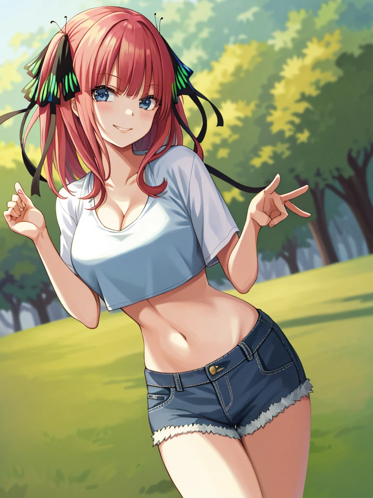 2d, masterpiece, best quality, anime, highly detailed, 1girl, solo, cowboy shot, nakano nino, pink hair, butterfly hair ornament, crop top , cleavage, Denim shorts , large breasts, standing, school, outdoors, smile