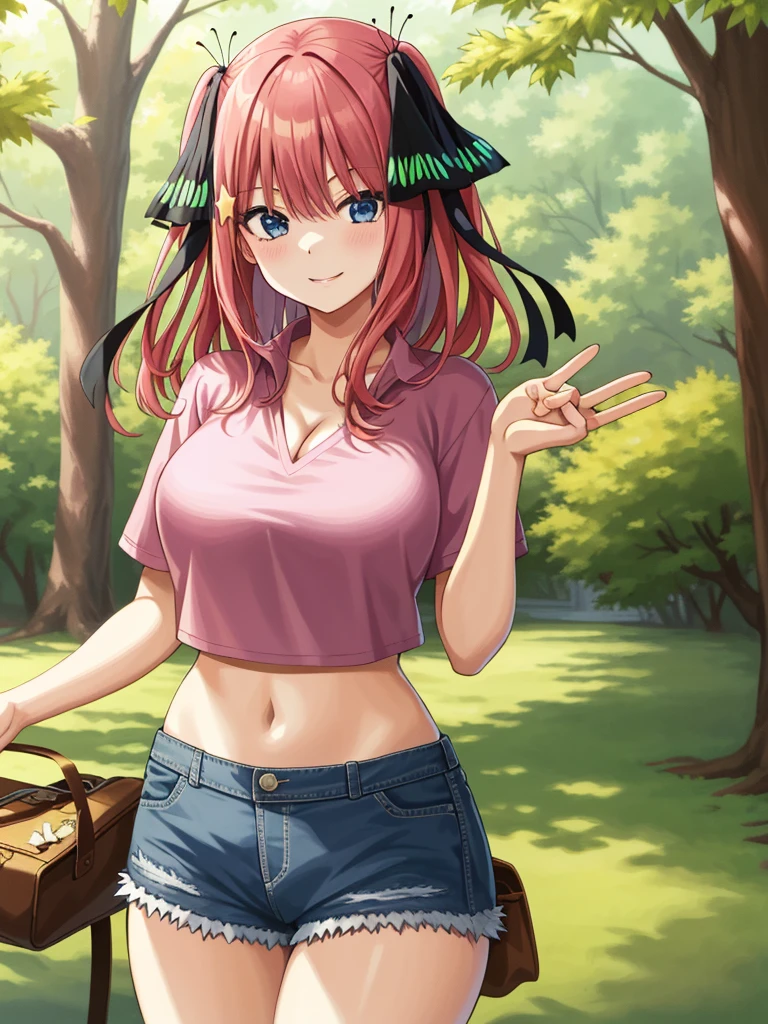 2d, masterpiece, best quality, anime, highly detailed, 1girl, solo, cowboy shot, nakano nino, pink hair, butterfly hair ornament, crop top , cleavage, Denim shorts , large breasts, standing, school, outdoors, smile