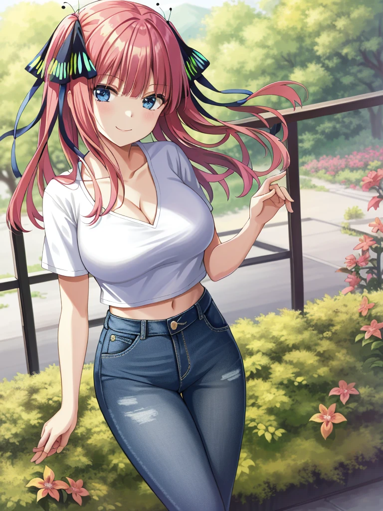 2d, masterpiece, best quality, anime, highly detailed, 1girl, solo, cowboy shot, nakano nino, pink hair, butterfly hair ornament, crop top , cleavage, Denim shorts , large breasts, standing, school, outdoors, smile