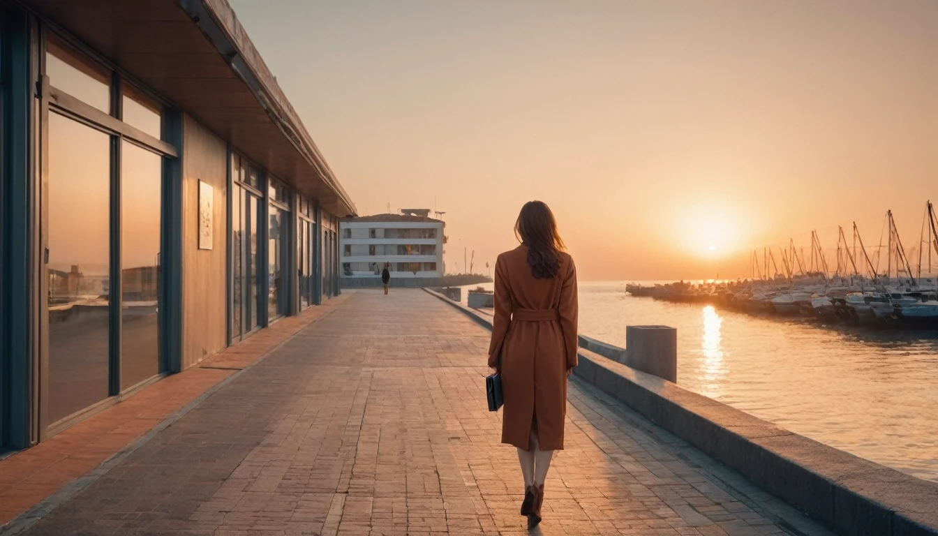 (best quality, masterpiece, ultra detailed, ultra high res, photorealistic, raw photo, absurdres, absolutely resolution), warm colors, office Street, 1 girl, from behind, long shot, wide shot, walking towards the other side, photographed from a distance, sea, sunset