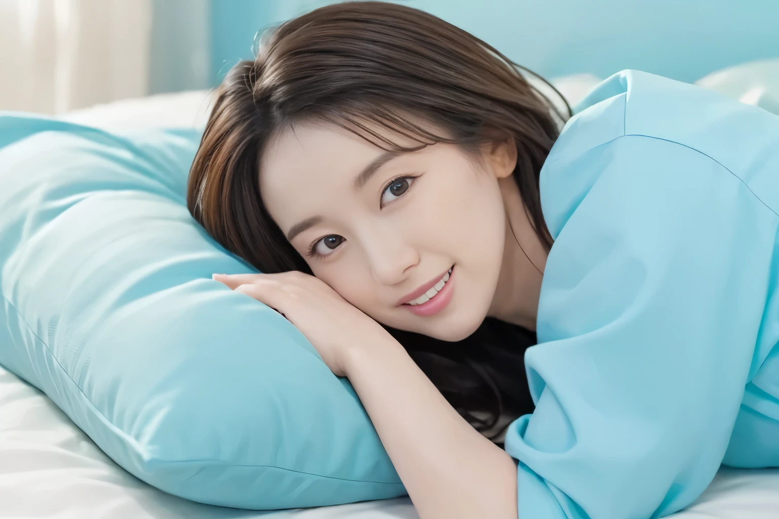 Woman lying , dress up、high quality、photo realistic、healthy、Smiling expression、perfect figure、beautiful eyes、face perfect、Beautiful skin、pastel blue background,on bed lying and hugging pillow,