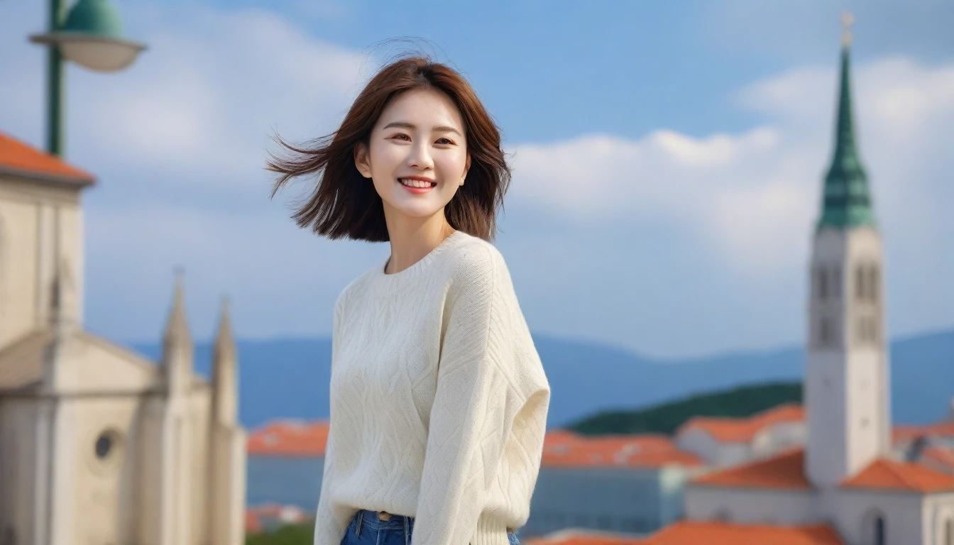 8k best picture quality, Beautiful 36-year-old Korean woman, Chest size 34 inches, Croatian cathedral view, Back background realistic and vivid image quality, Short and medium hair blowing in the wind, Wearing high-end luxury brand casual jumpers and pants, smile slightly. The background is clea
