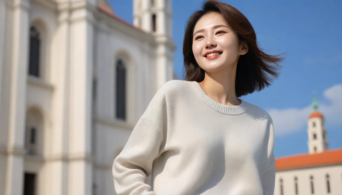 8k best picture quality, Beautiful 36-year-old Korean woman, Chest size 34 inches, Croatian cathedral view, Back background realistic and vivid image quality, Short and medium hair blowing in the wind, Wearing high-end luxury brand casual jumpers and pants, smile slightly. The background is clea