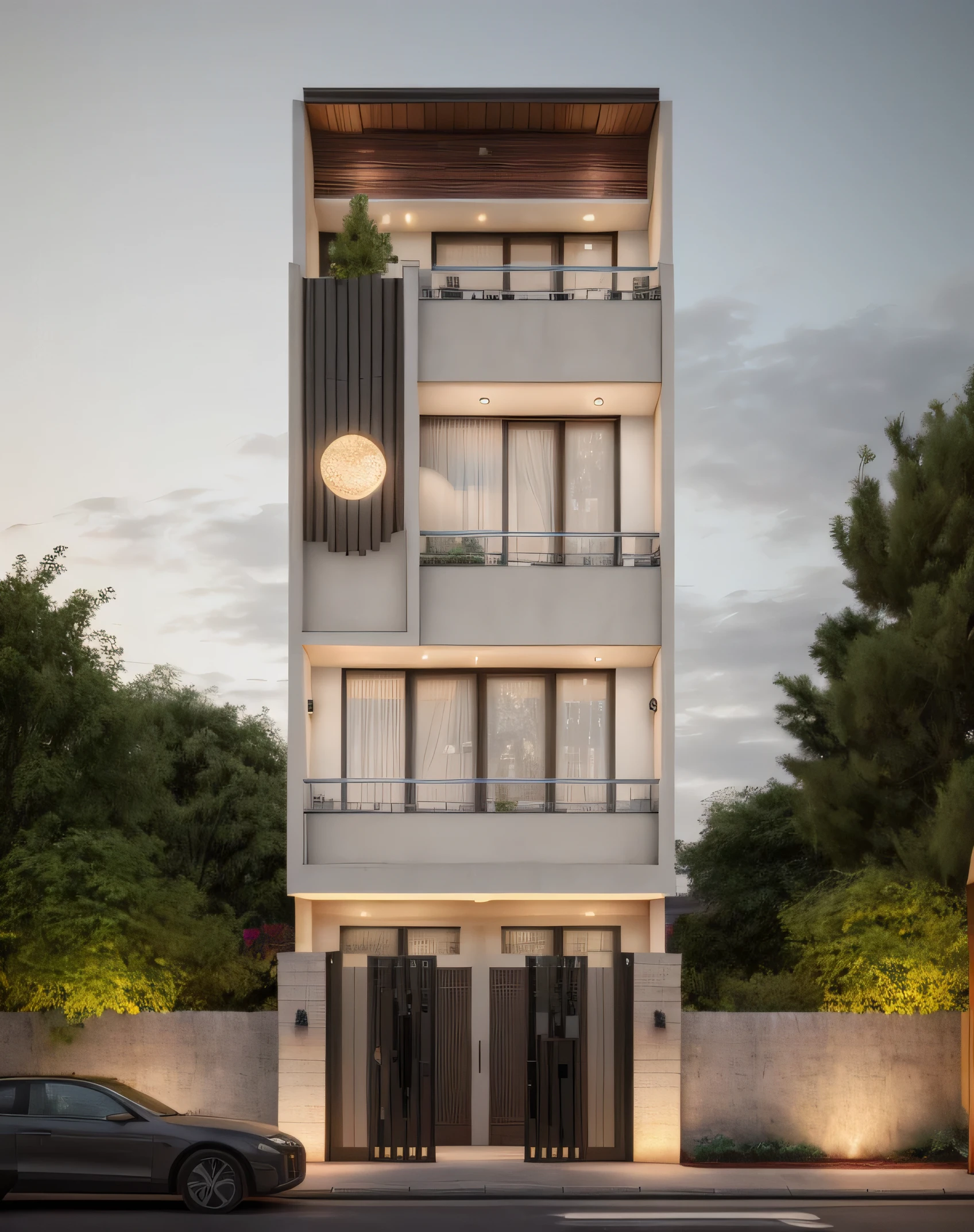 A MODERN house WITH A realistic facade, modern STYLE, sunny day, WARN LIGHT, realistic photo, 3d render, high quality,
