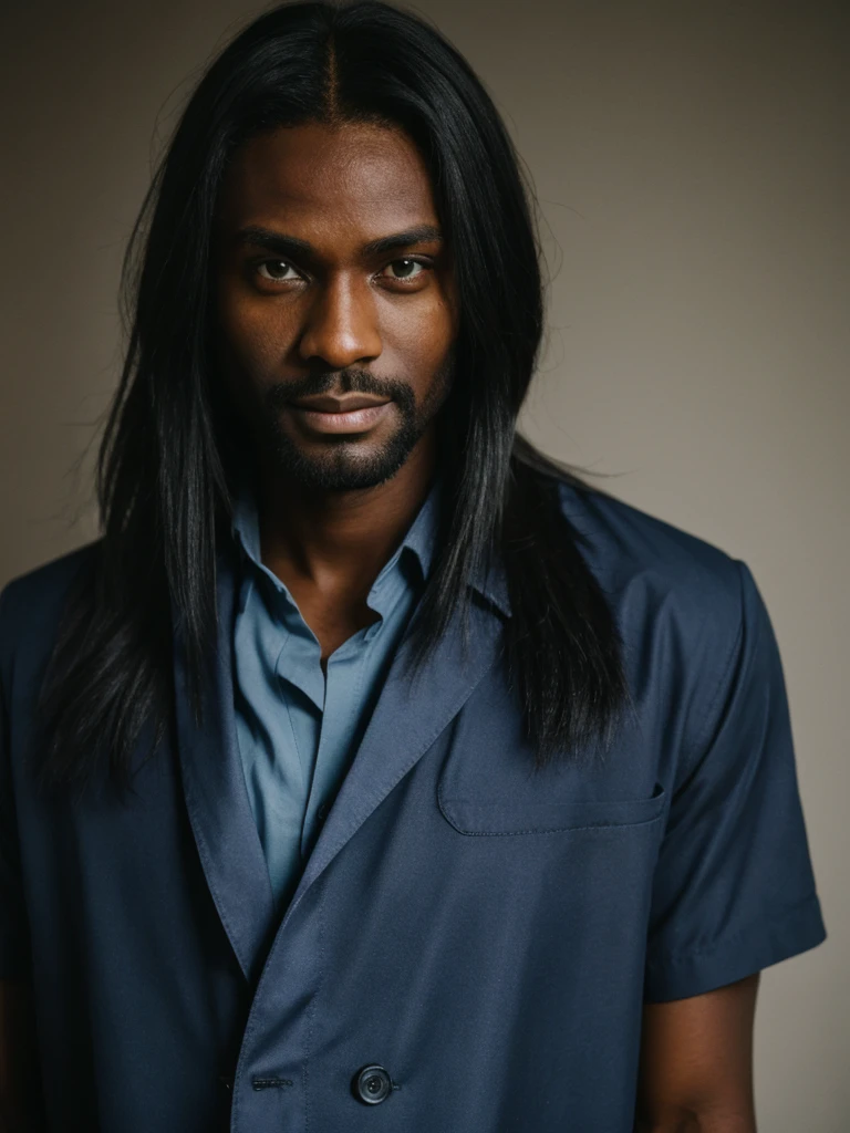 dark-skinned man, long dark blue hair, doctor's coat, strong, green eyes