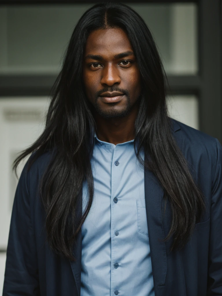 dark-skinned man, long dark blue hair, doctor's coat, strong, green eyes