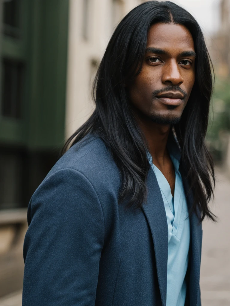 dark-skinned man, long dark blue hair, doctor's coat, strong, green eyes