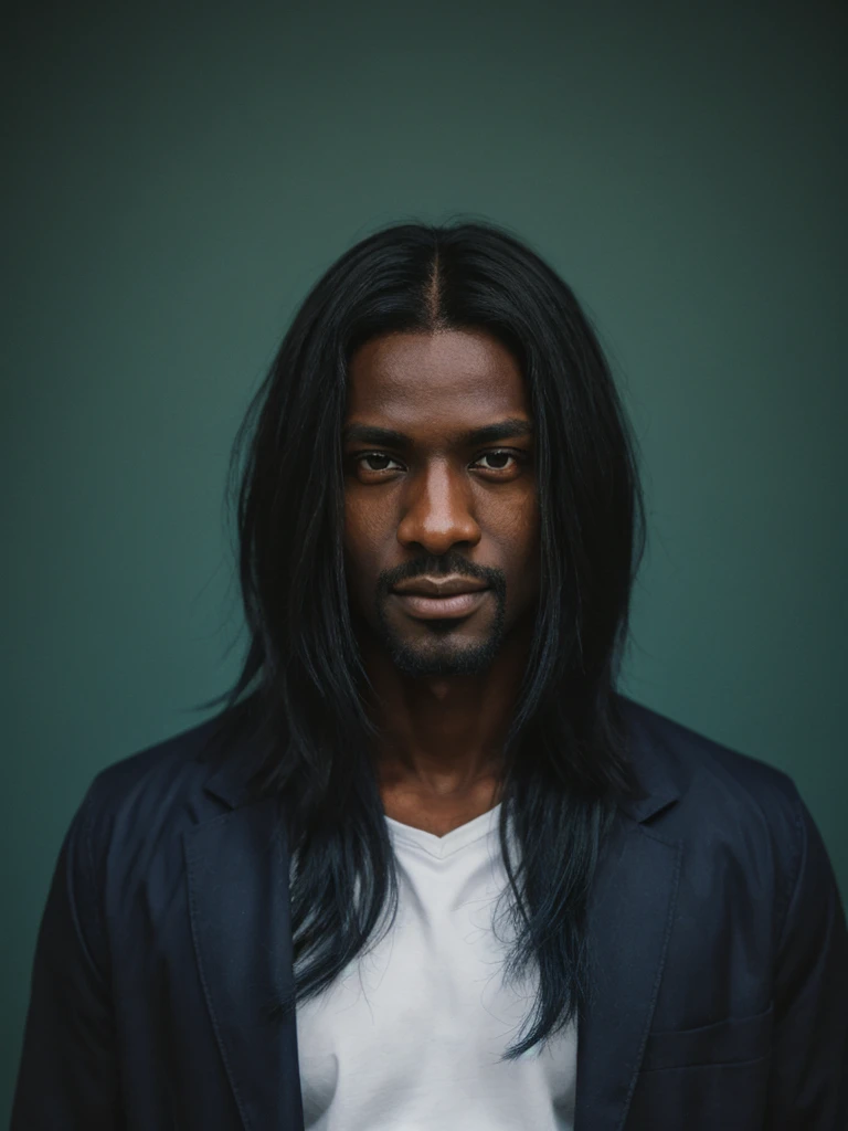 dark-skinned man, long dark blue hair, doctor's coat, strong, green eyes