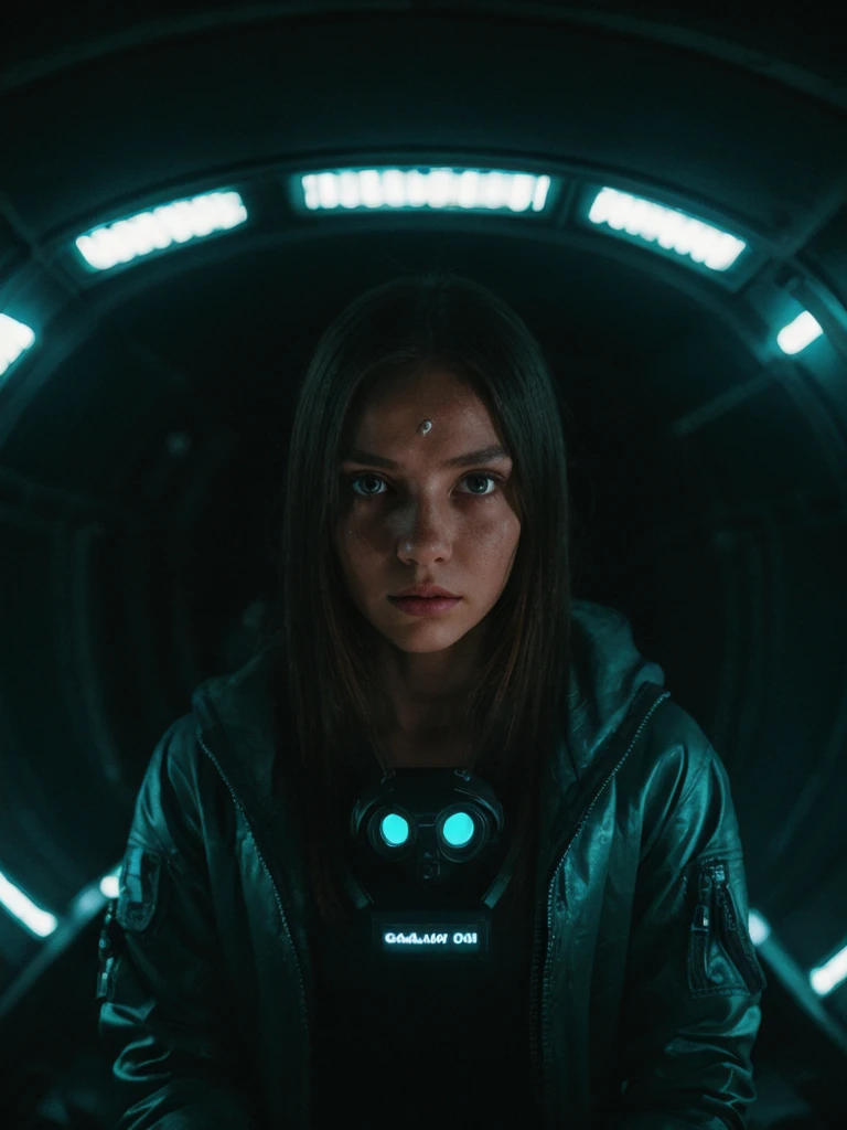 (grainy:0.5), cinematic,girl, space, serious, detailed eyes, detailed face, detailed futuristic clothes, lights in clothes, (aiming gun:1.1), (hiding:1.1), (squatting, looking to side:1.1), volumetric lighting, isolation, horror, dark lighting, red bioluminescent details, green bioluminescent details, blue bioluminescent details