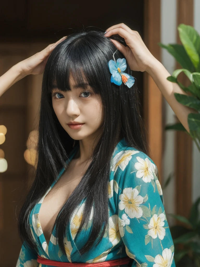 (masterpiece, best quality, highres:1.4), wallpaper, full body, 1girl, long hair, (blue hair:1.0), (black hair:1.0), green eyes, multicolored hair, gradient hair, small breast, facing to the side, yukata , holding party popper, night, hairclip, bangs,