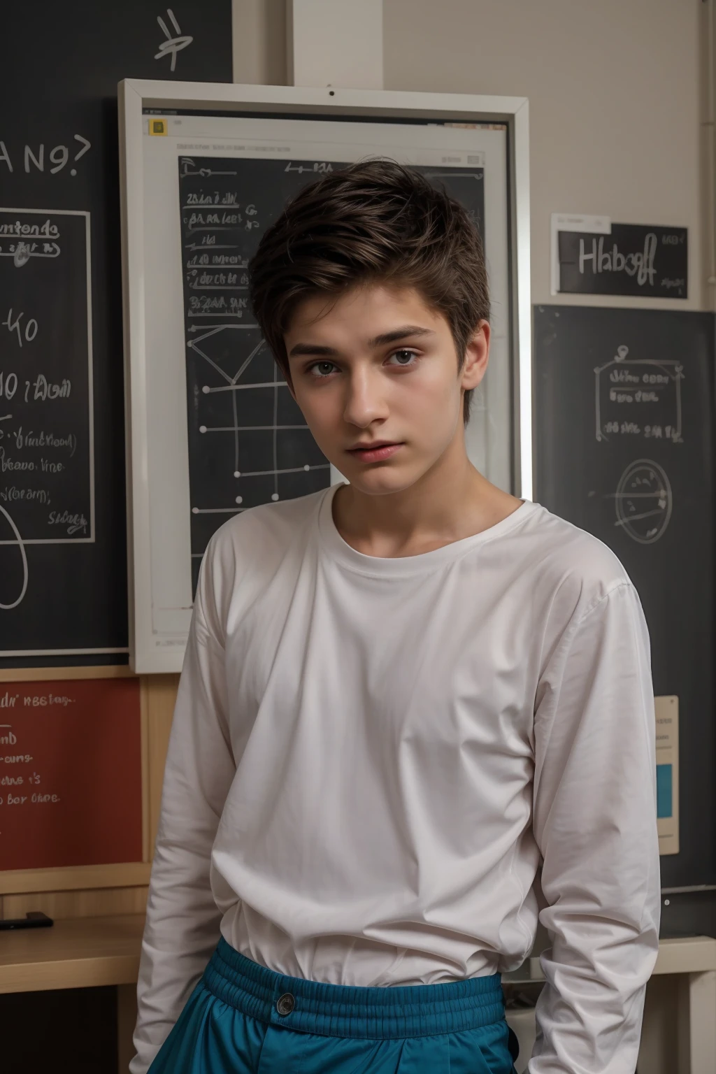 A beautiful young male twink with a face with reddish makeup. He has black hair. He is wearing a white, long-sleeved shirt and aqua blue pants. He is in his scientific office, and behind him is a blackboard on which is written the shape of the brain and its anatomy, accurately and in detail. He looks in amazement and shock He looks on proudly