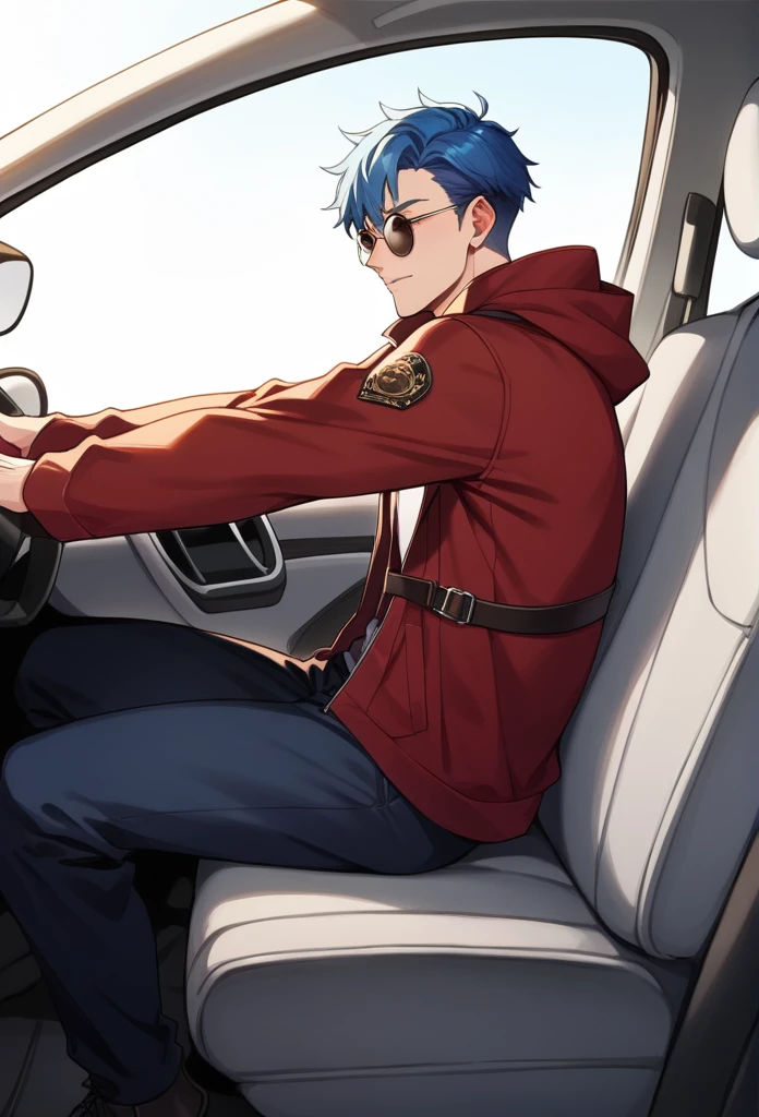 Round sunglasses　Black long coat　Blue hair sitting in a car　male　Put on the hood