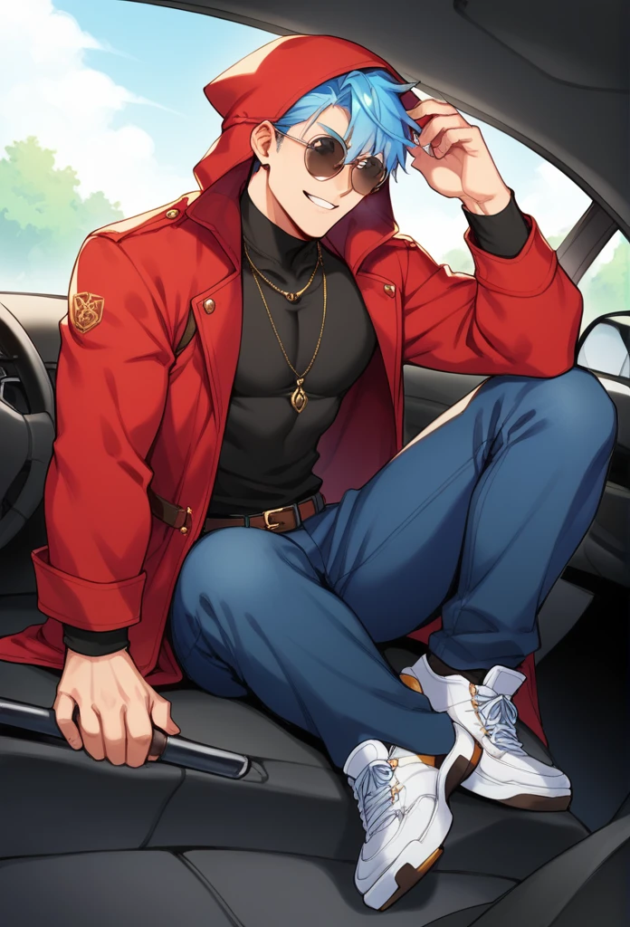 Round sunglasses　Black long coat　Blue hair sitting in a car　male　Put on the hood