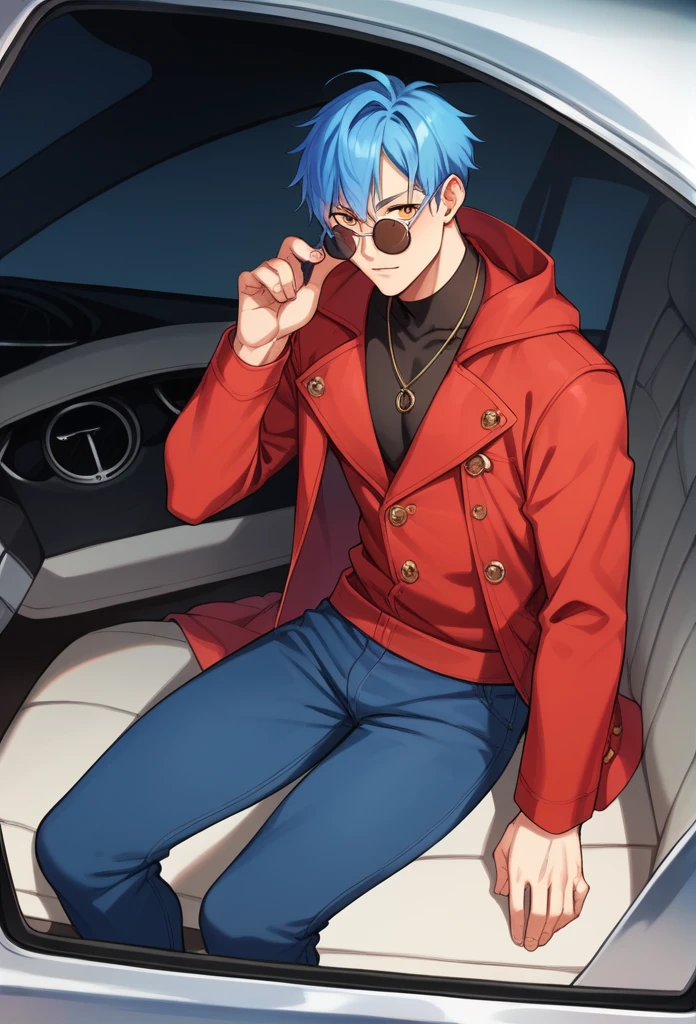 Round sunglasses　Black long coat　Blue hair sitting in a car　male　Put on the hood