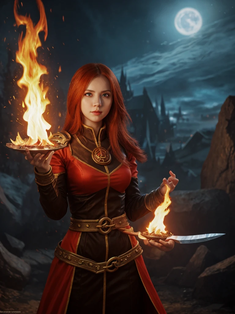 An outstanding painting of a beautiful white girl, flaming, surrounded by flames, dota2 fire girl style, ghost knife style, fire-like hair, long red hair, watery blue big eyes, thin waist, wide hips, mage robes, magic colors, World of Warcraft style, By Blizzard Entertainment, Ultra HD, 8K, real skin texture, best light, best shadow, Lina from dota2, action, wizarding world, overhead view, small mouth, Small nose, big eyes, cute